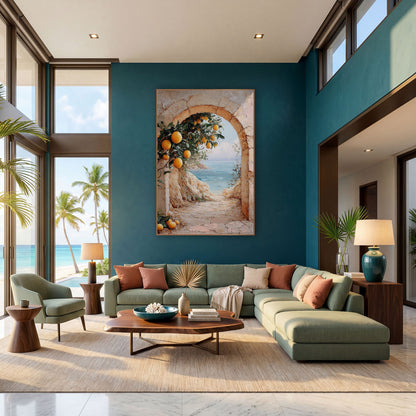 Citrus Archway Sea View Mediterranean wall art in a bright coastal-style room – stone archway with orange citrus