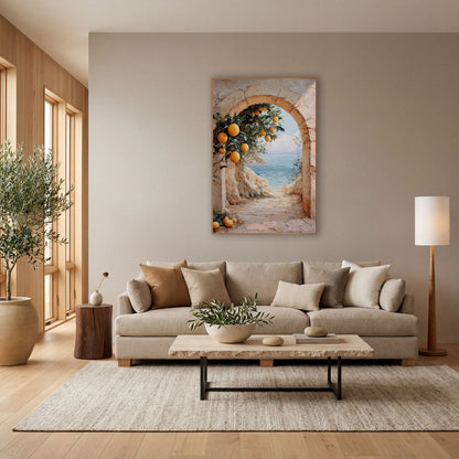 Citrus Archway Sea View Mediterranean wall art in a bright coastal-style room – stone archway with orange citrus