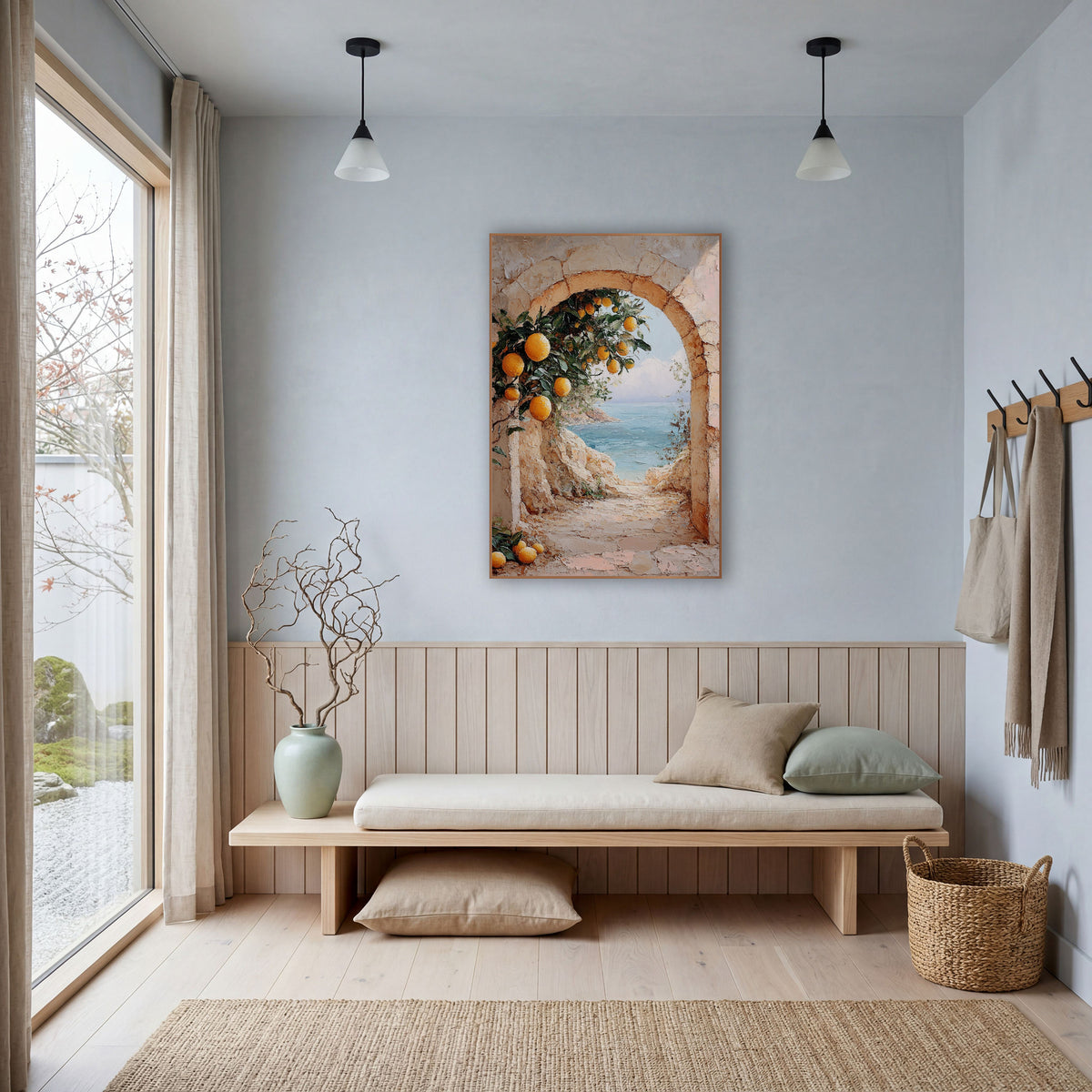 Citrus Archway Sea View Mediterranean wall art in a bright coastal-style room – stone archway with orange citrus