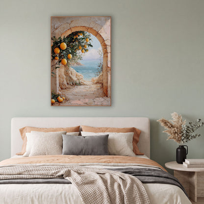 Citrus Archway Sea View Mediterranean wall art in a bright coastal-style room – stone archway with orange citrus