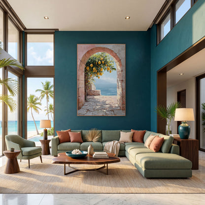 Pink Stone Archway Lemons Coastal wall art in a bright coastal-style room – pink stone archway framing a lemon tree