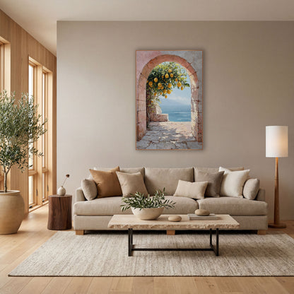Pink Stone Archway Lemons Coastal wall art in a bright coastal-style room – pink stone archway framing a lemon tree