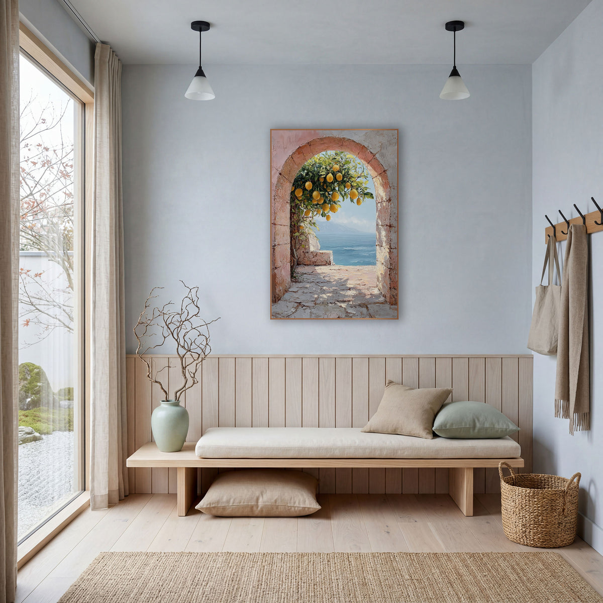 Pink Stone Archway Lemons Coastal wall art in a bright coastal-style room – pink stone archway framing a lemon tree