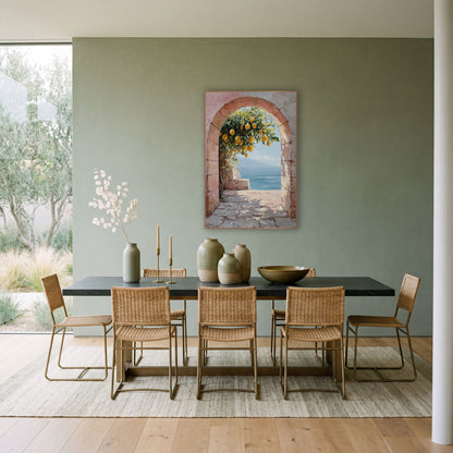 Pink Stone Archway Lemons Coastal wall art in a bright coastal-style room – pink stone archway framing a lemon tree