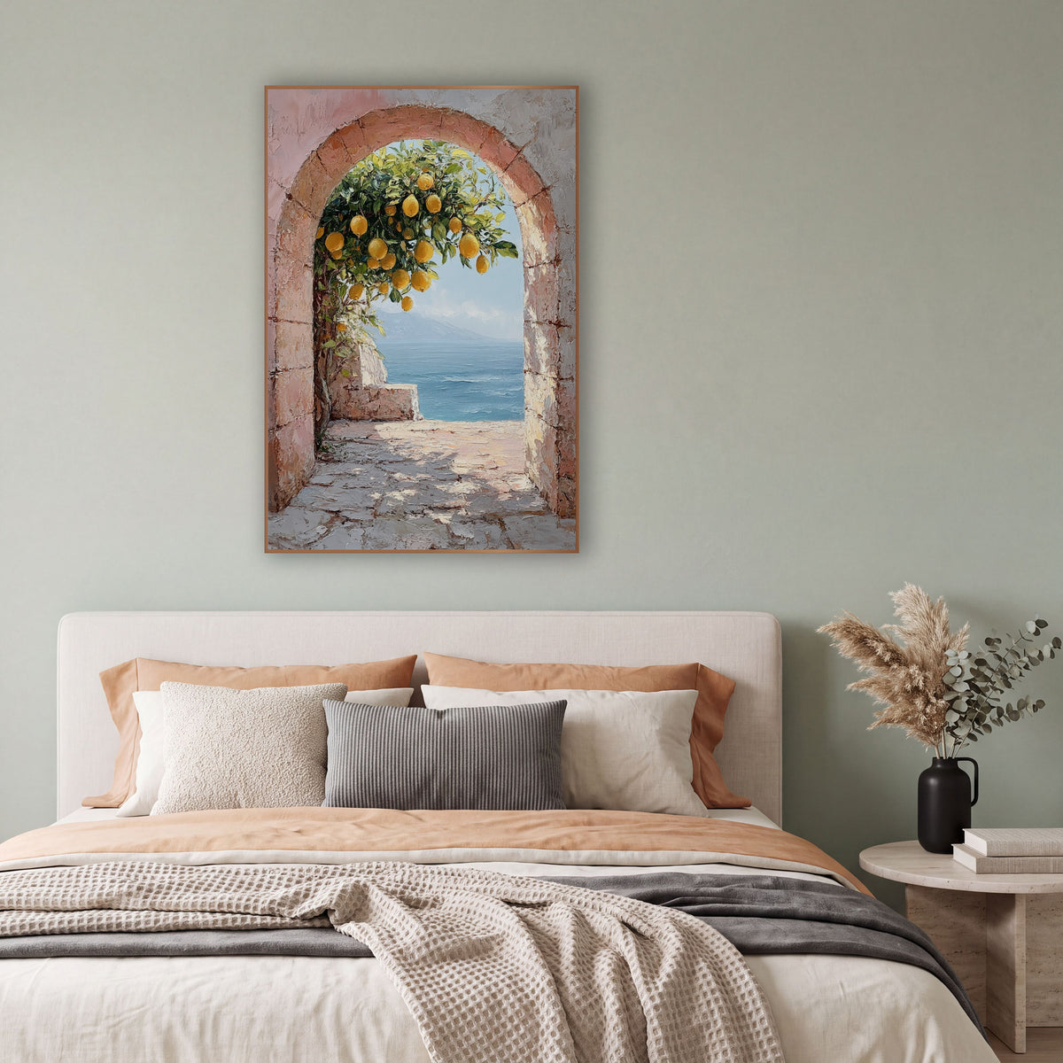 Pink Stone Archway Lemons Coastal wall art in a bright coastal-style room – pink stone archway framing a lemon tree