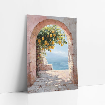 Pink Stone Archway Lemons Coastal art print leaning against a white wall – pink stone archway framing a lemon tree with ripe