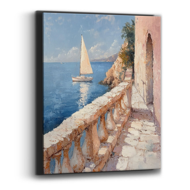 Sailboat Over Balustrade Coastal Seascape Canvas Wall Art