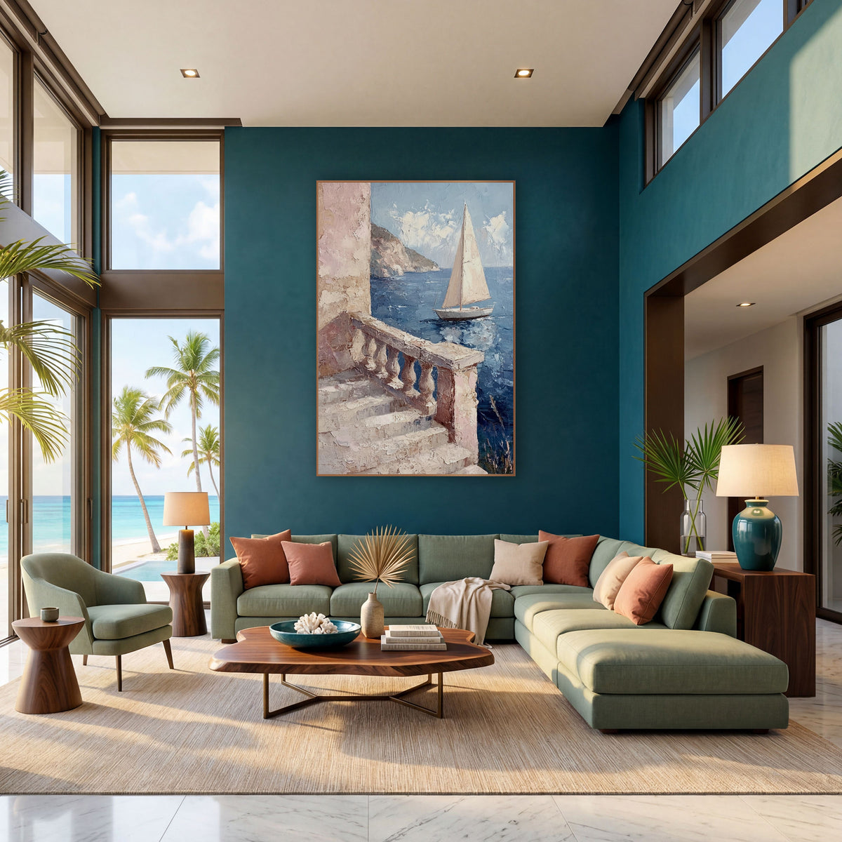 Coastal Balustrade Sailboat Seascape wall art in a bright coastal-style room – sailboat on deep blue sea seen past
