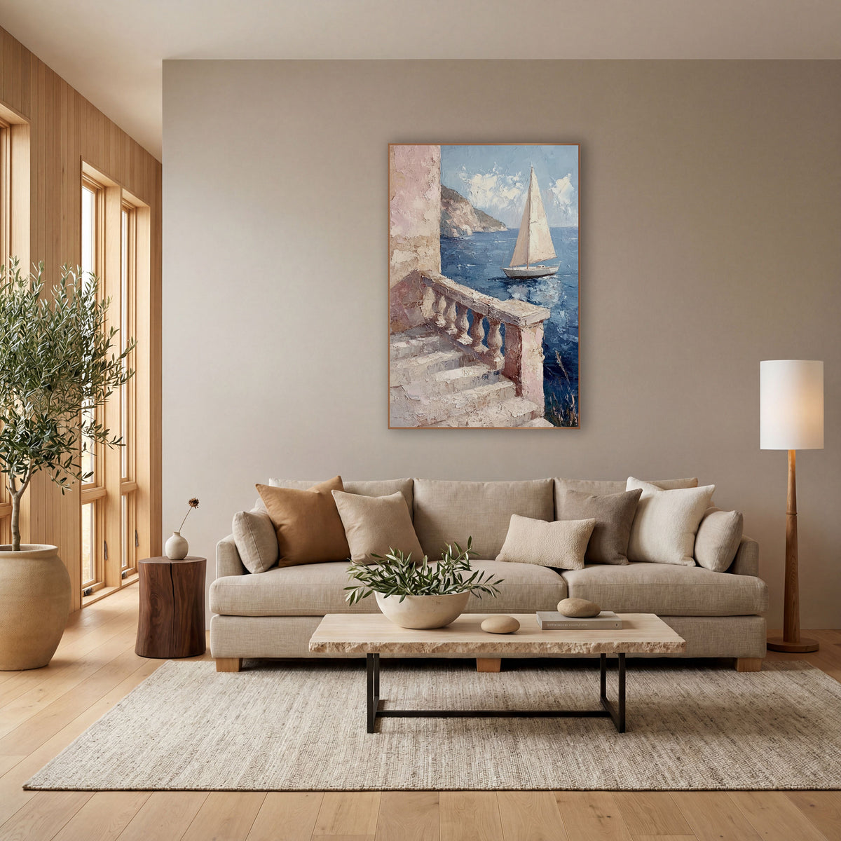Coastal Balustrade Sailboat Seascape wall art in a bright coastal-style room – sailboat on deep blue sea seen past
