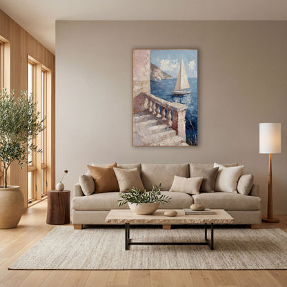 Coastal Balustrade Sailboat Seascape wall art in a bright coastal-style room – sailboat on deep blue sea seen past