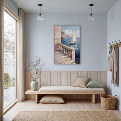 Coastal Balustrade Sailboat Seascape wall art in a bright coastal-style room – sailboat on deep blue sea seen past