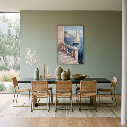 Coastal Balustrade Sailboat Seascape wall art in a bright coastal-style room – sailboat on deep blue sea seen past