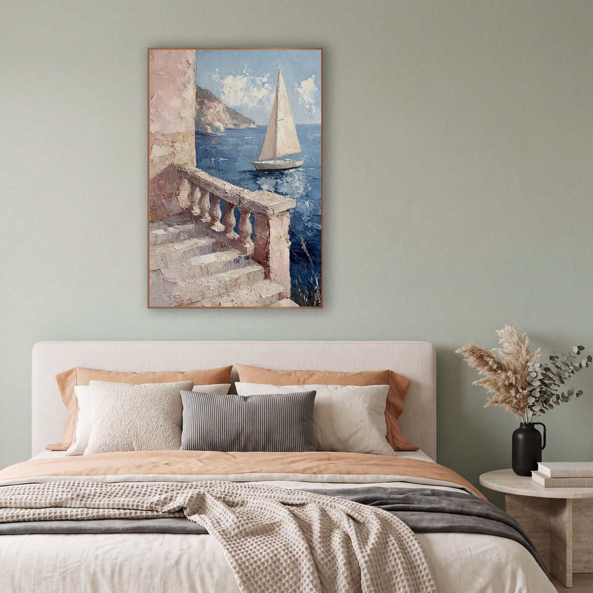 Coastal Balustrade Sailboat Seascape wall art in a bright coastal-style room – sailboat on deep blue sea seen past