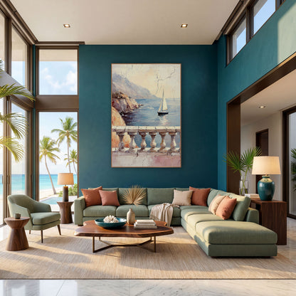Sailboat Balcony Seascape Coastal Fresco wall art in a bright coastal-style room – sailboat on a calm blue bay seen