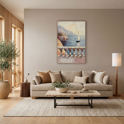 Sailboat Balcony Seascape Coastal Fresco wall art in a bright coastal-style room – sailboat on a calm blue bay seen