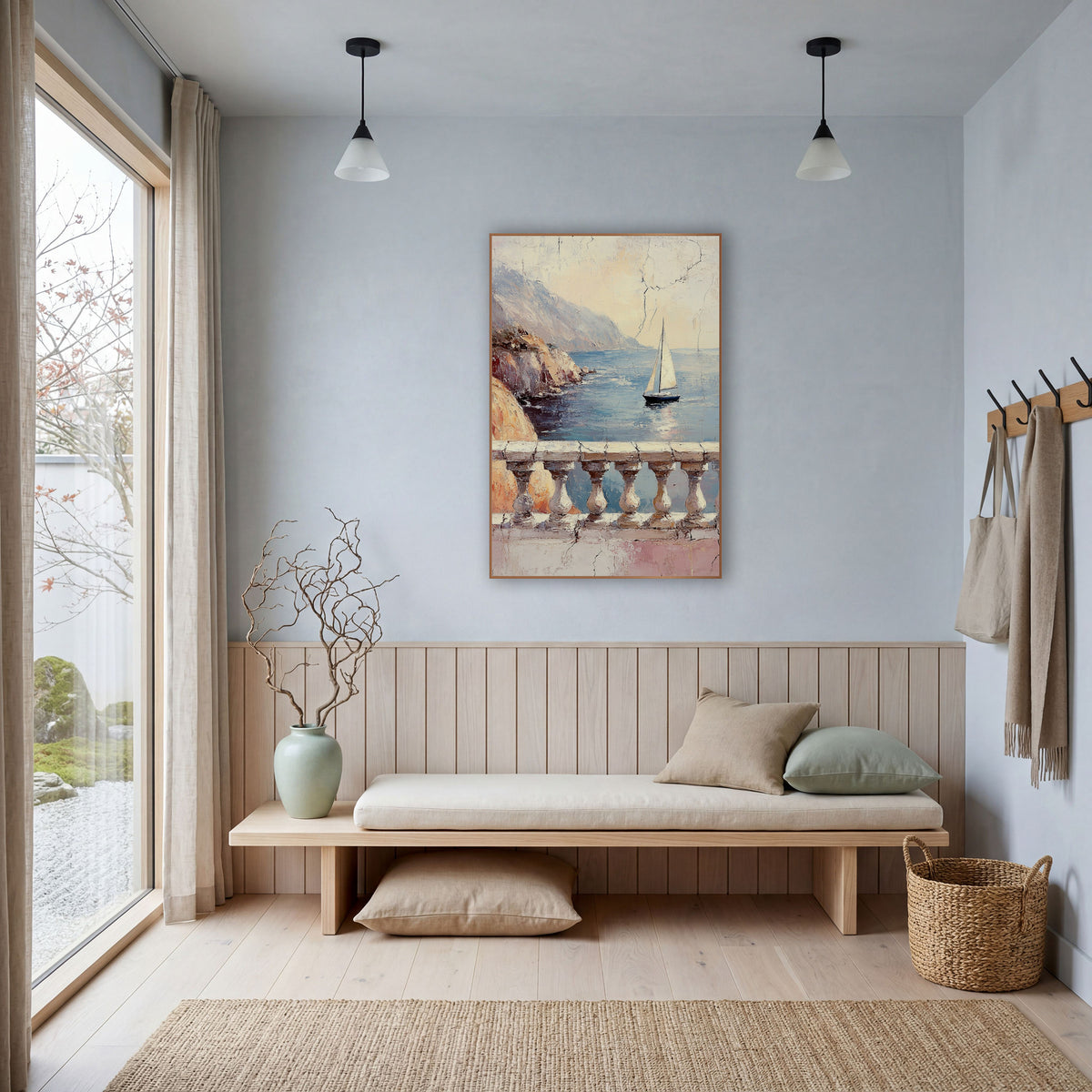 Sailboat Balcony Seascape Coastal Fresco wall art in a bright coastal-style room – sailboat on a calm blue bay seen