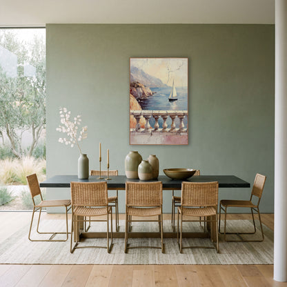 Sailboat Balcony Seascape Coastal Fresco wall art in a bright coastal-style room – sailboat on a calm blue bay seen