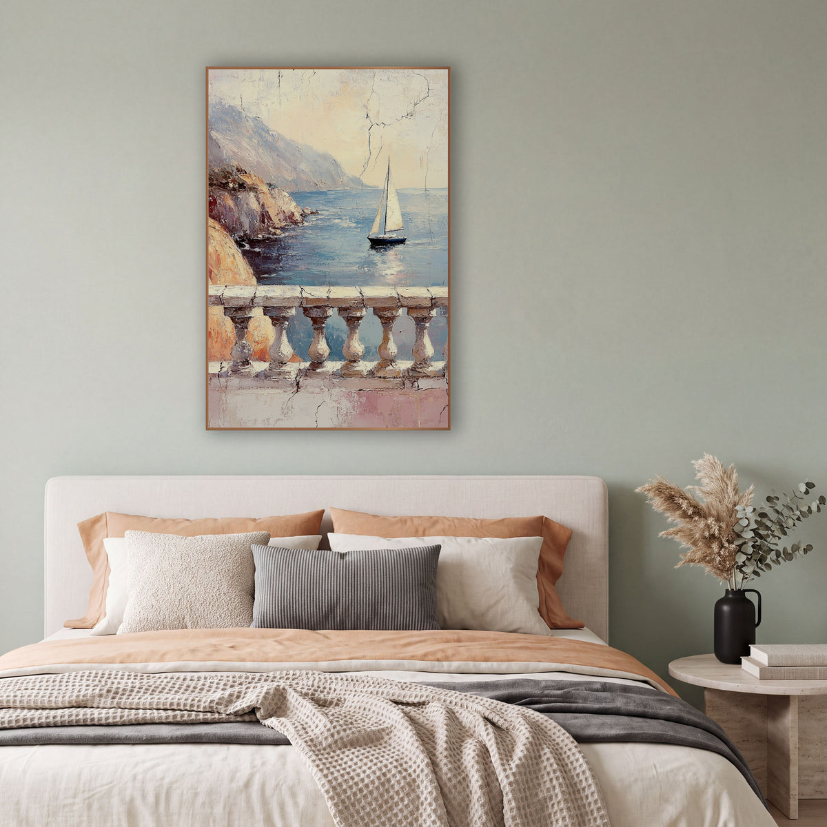 Sailboat Balcony Seascape Coastal Fresco wall art in a bright coastal-style room – sailboat on a calm blue bay seen
