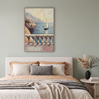 Sailboat Balcony Seascape Coastal Fresco wall art in a bright coastal-style room – sailboat on a calm blue bay seen