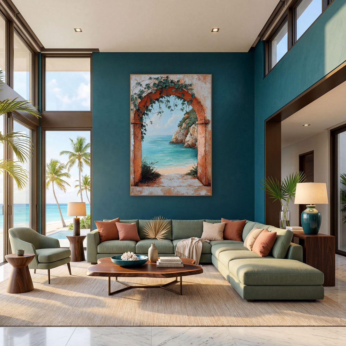 Weathered Archway Lagoon Rustic Coastal wall art in a bright coastal-style room – terracotta arch with green vines