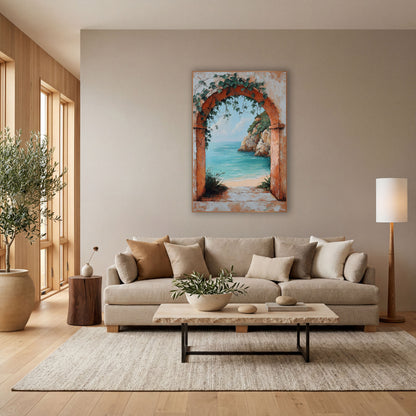 Weathered Archway Lagoon Rustic Coastal wall art in a bright coastal-style room – terracotta arch with green vines