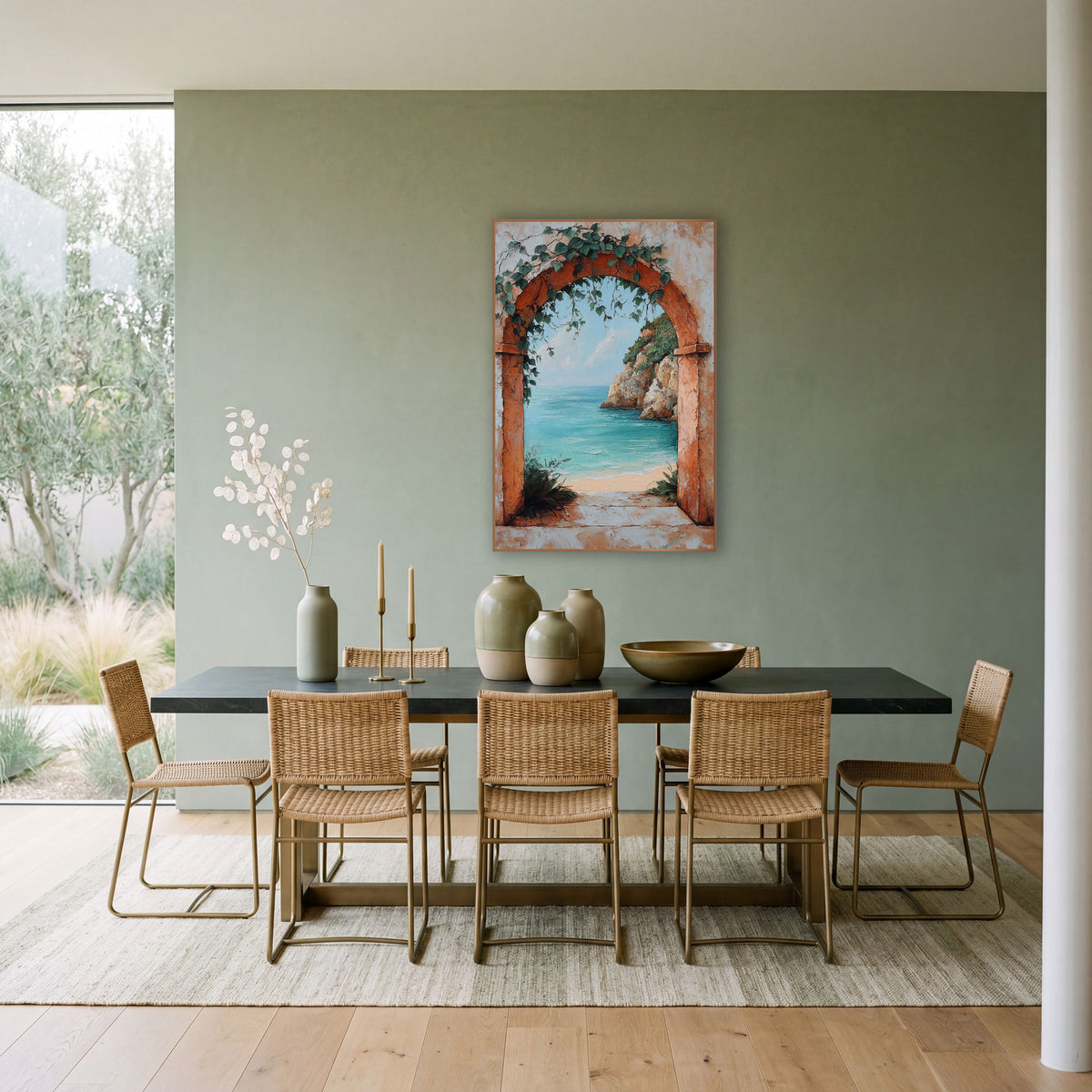 Weathered Archway Lagoon Rustic Coastal wall art in a bright coastal-style room – terracotta arch with green vines