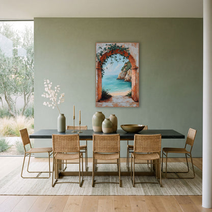 Weathered Archway Lagoon Rustic Coastal wall art in a bright coastal-style room – terracotta arch with green vines