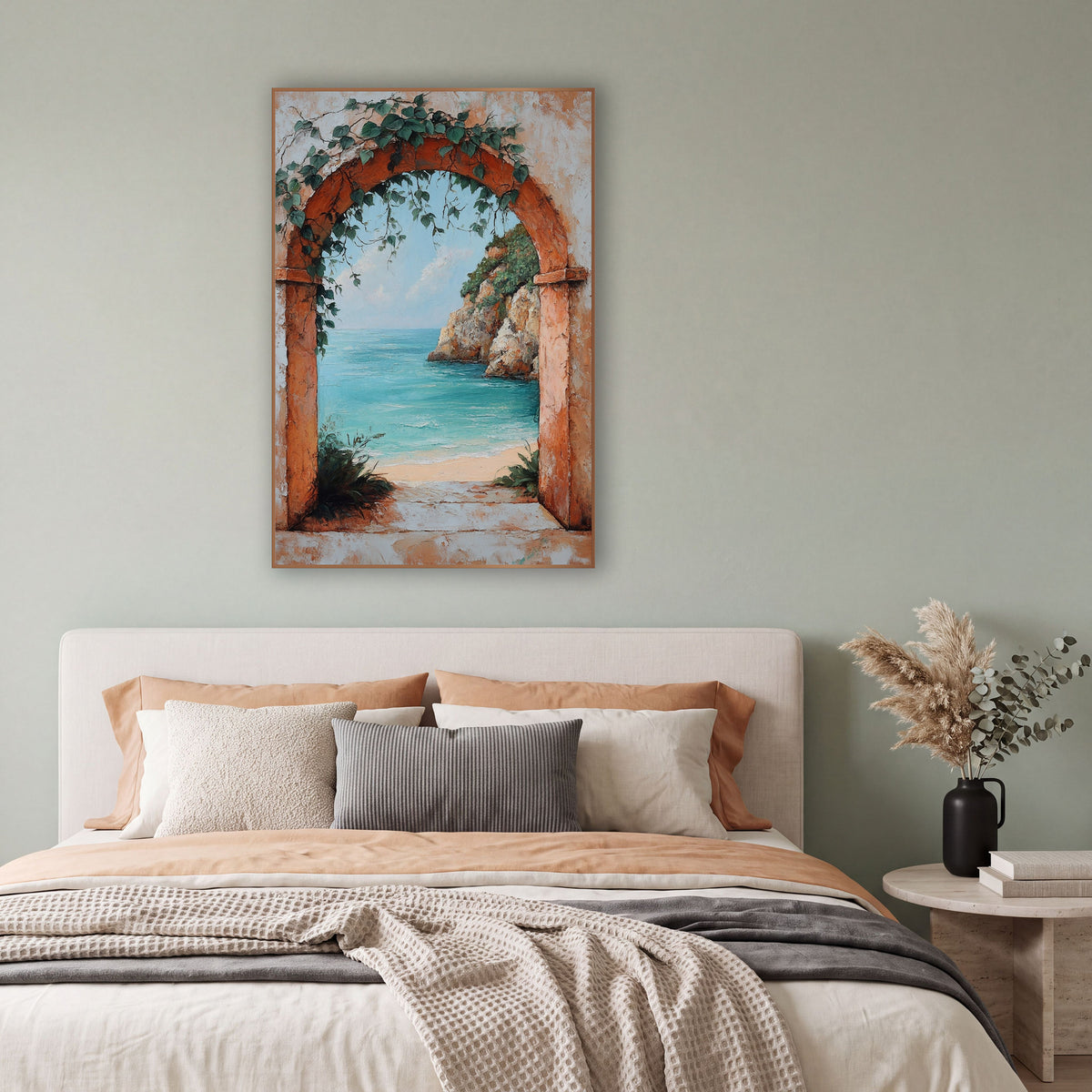 Weathered Archway Lagoon Rustic Coastal wall art in a bright coastal-style room – terracotta arch with green vines