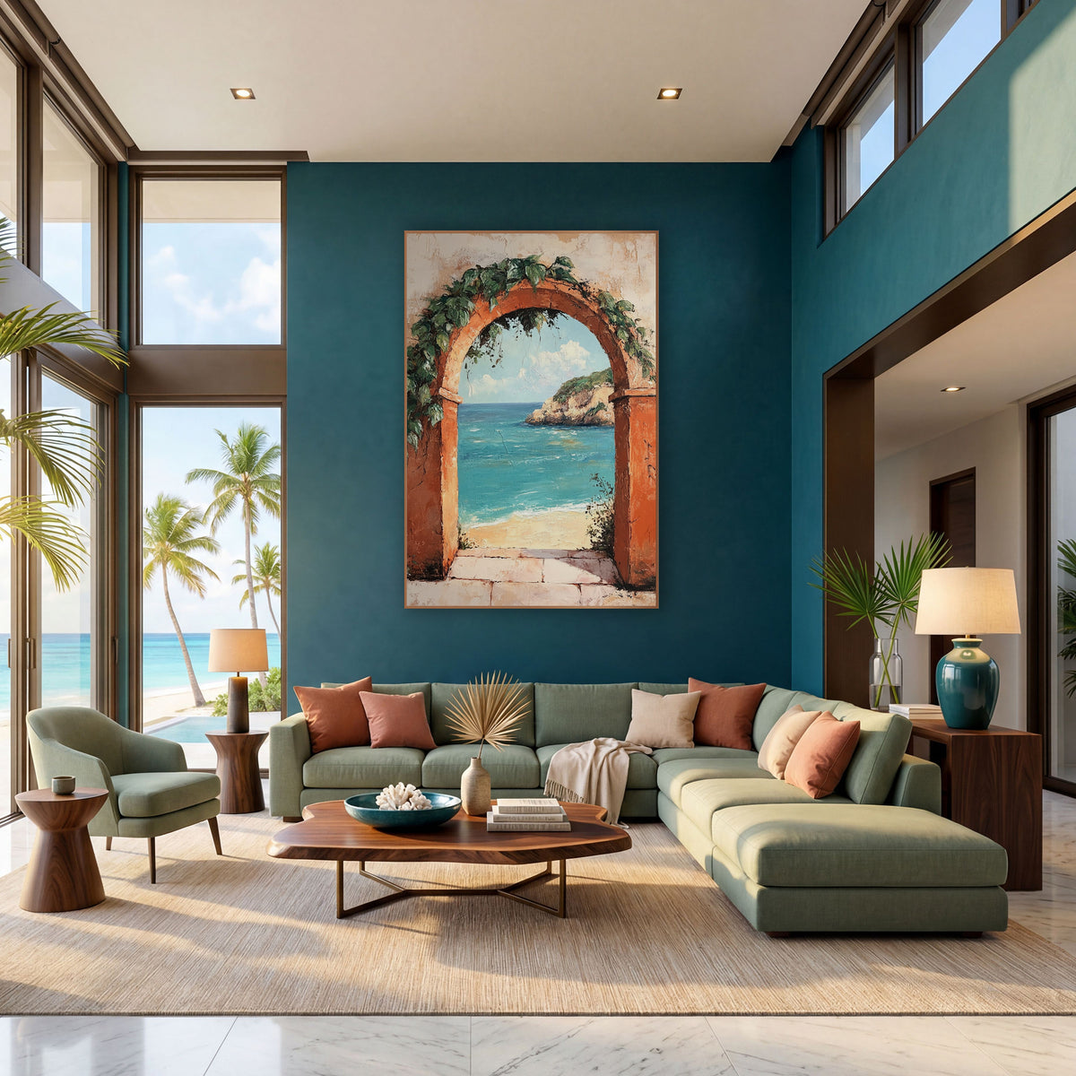 Sunbaked Arch Shoreline Mediterranean Coastal wall art in a bright coastal-style room – terracotta arch with green