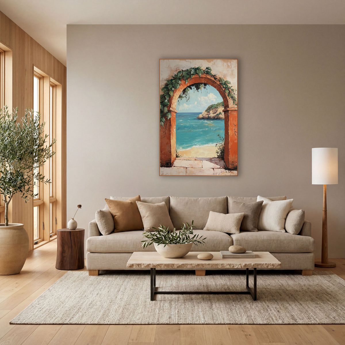 Sunbaked Arch Shoreline Mediterranean Coastal wall art in a bright coastal-style room – terracotta arch with green