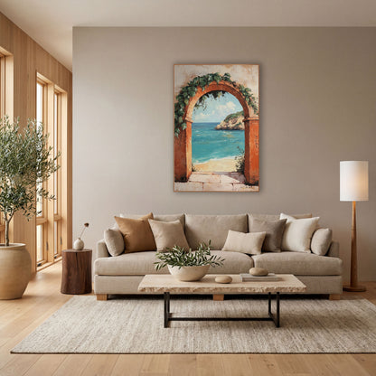 Sunbaked Arch Shoreline Mediterranean Coastal wall art in a bright coastal-style room – terracotta arch with green