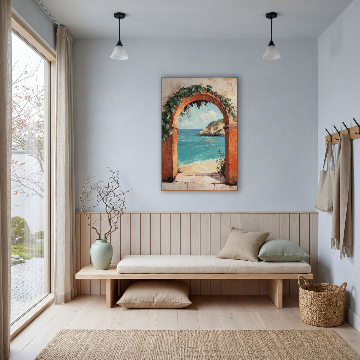 Sunbaked Arch Shoreline Mediterranean Coastal wall art in a bright coastal-style room – terracotta arch with green