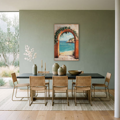 Sunbaked Arch Shoreline Mediterranean Coastal wall art in a bright coastal-style room – terracotta arch with green