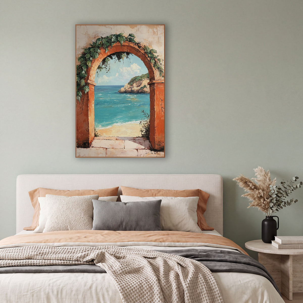 Sunbaked Arch Shoreline Mediterranean Coastal wall art in a bright coastal-style room – terracotta arch with green