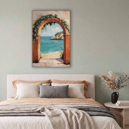 Sunbaked Arch Shoreline Mediterranean Coastal wall art in a bright coastal-style room – terracotta arch with green