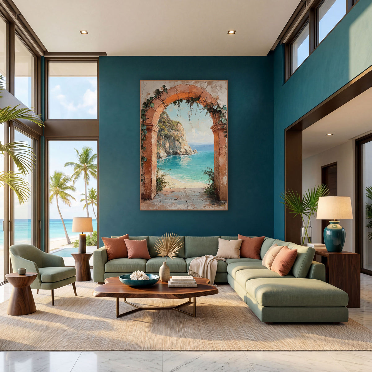 Ivy Draped Arch Cliffside Rustic wall art in a bright coastal-style room – terracotta stone arch with ivy framing