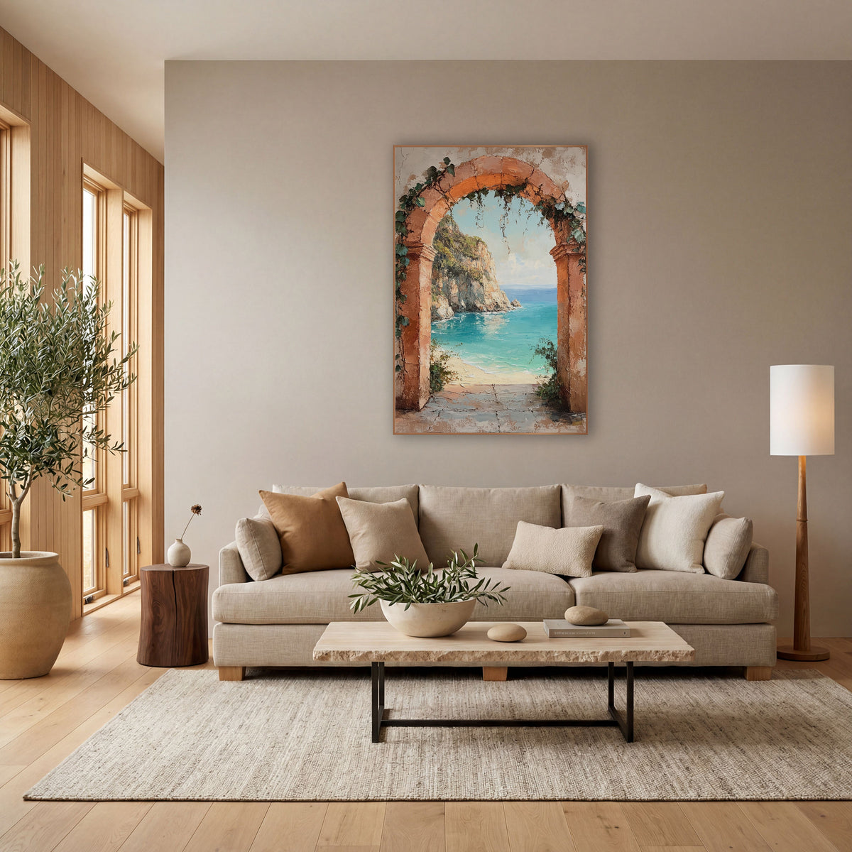 Ivy Draped Arch Cliffside Rustic wall art in a bright coastal-style room – terracotta stone arch with ivy framing