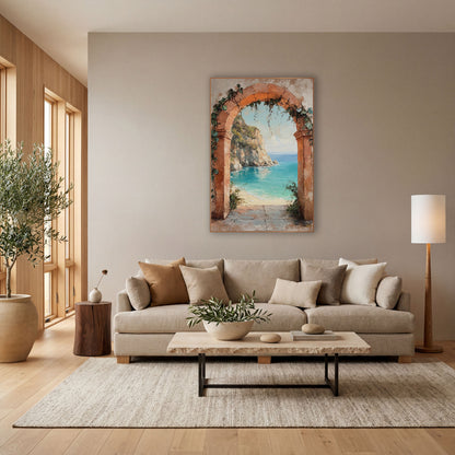 Ivy Draped Arch Cliffside Rustic wall art in a bright coastal-style room – terracotta stone arch with ivy framing