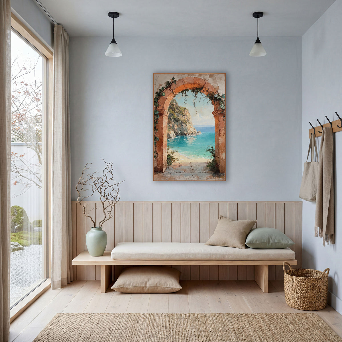Ivy Draped Arch Cliffside Rustic wall art in a bright coastal-style room – terracotta stone arch with ivy framing