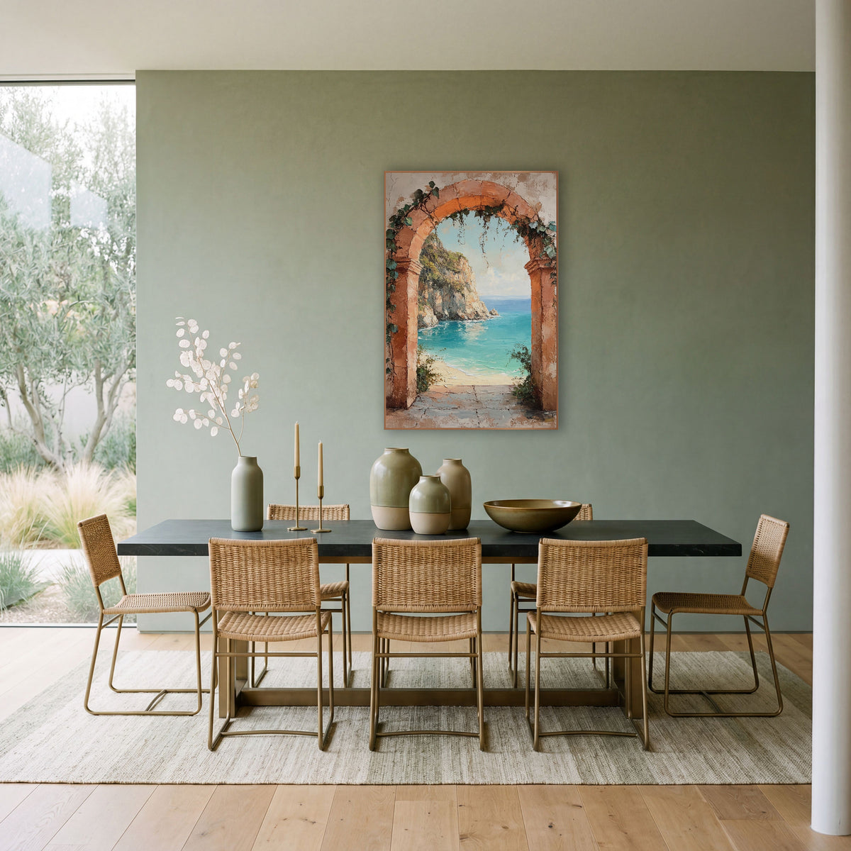 Ivy Draped Arch Cliffside Rustic wall art in a bright coastal-style room – terracotta stone arch with ivy framing