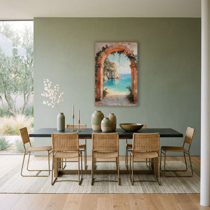 Ivy Draped Arch Cliffside Rustic wall art in a bright coastal-style room – terracotta stone arch with ivy framing
