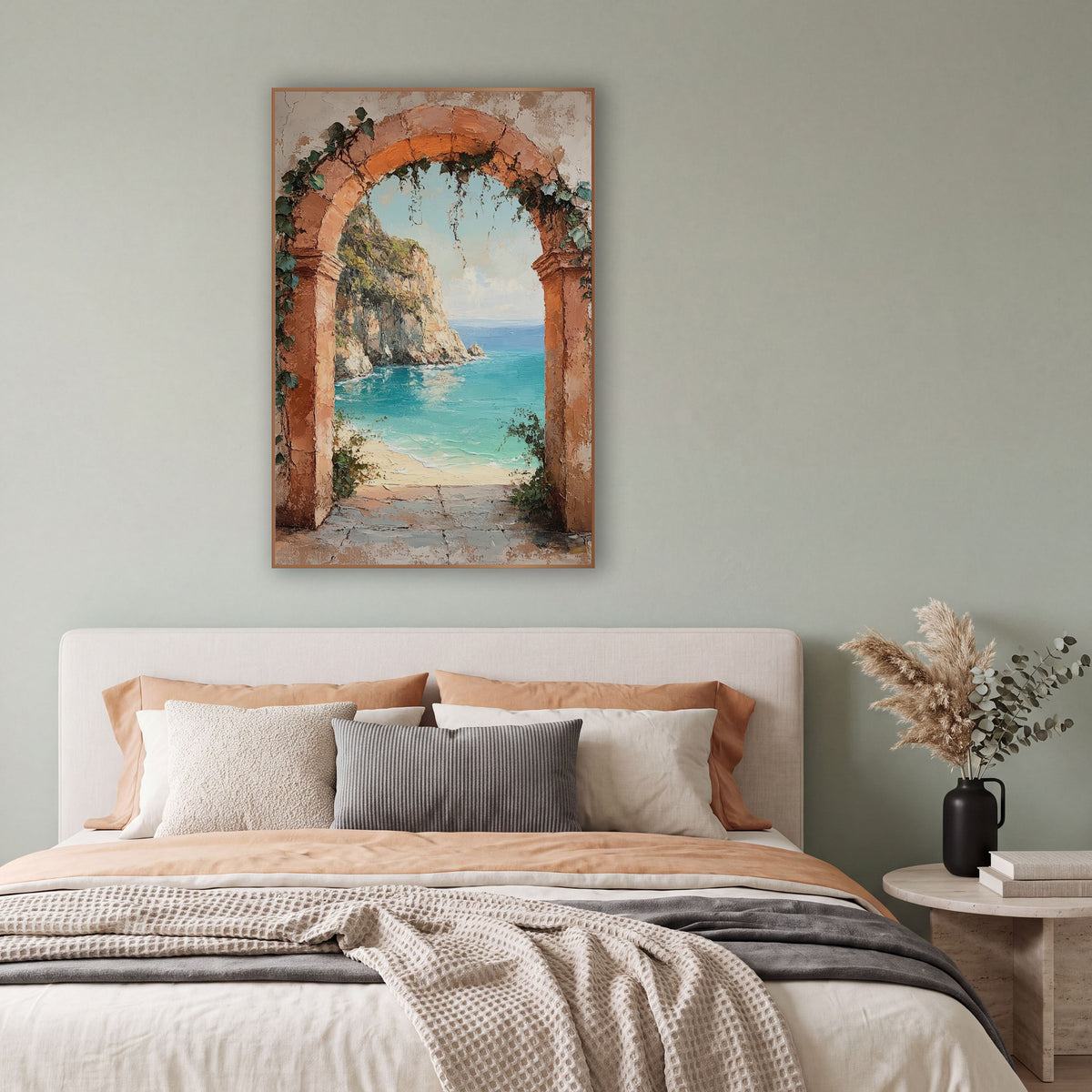 Ivy Draped Arch Cliffside Rustic wall art in a bright coastal-style room – terracotta stone arch with ivy framing
