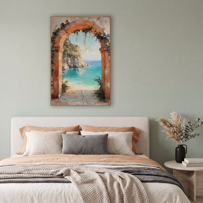 Ivy Draped Arch Cliffside Rustic wall art in a bright coastal-style room – terracotta stone arch with ivy framing