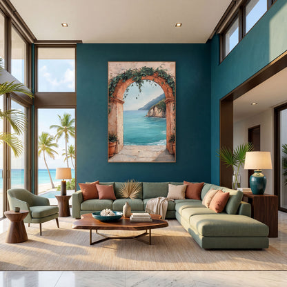 Ivy Terracotta Archway Turquoise Bay Coastal wall art in a bright coastal-style room – terracotta arch with green