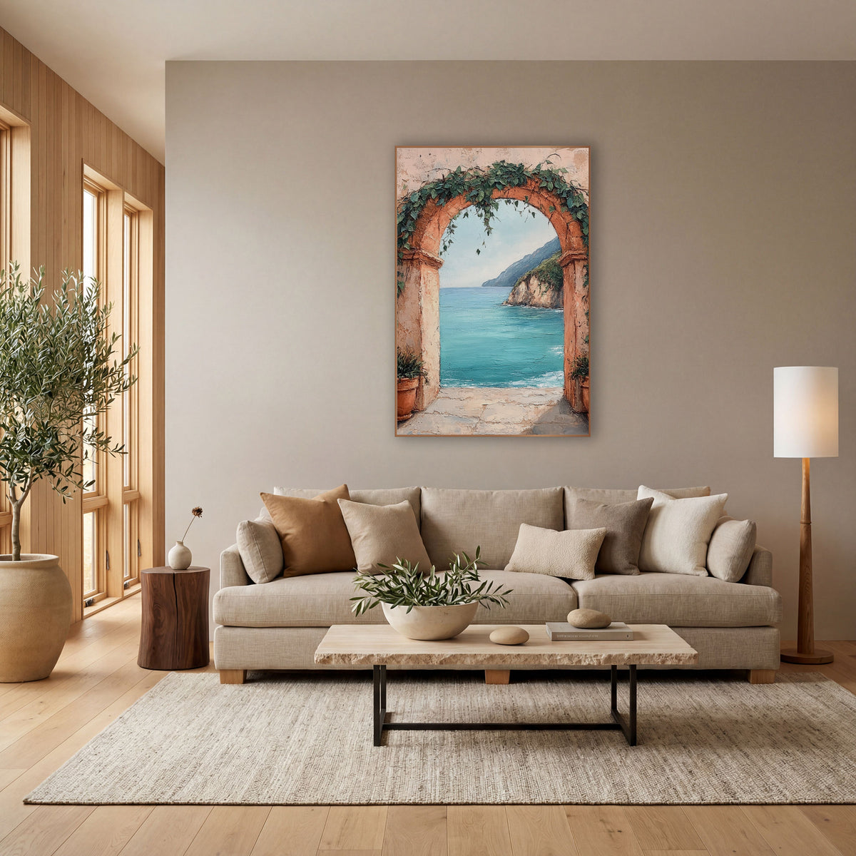 Ivy Terracotta Archway Turquoise Bay Coastal wall art in a bright coastal-style room – terracotta arch with green