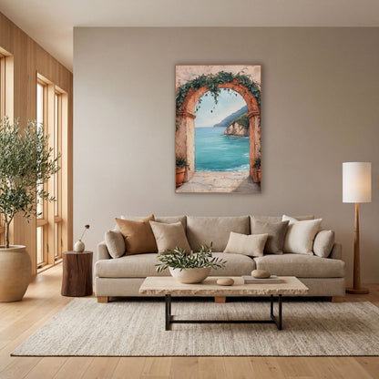 Ivy Terracotta Archway Turquoise Bay Coastal wall art in a bright coastal-style room – terracotta arch with green