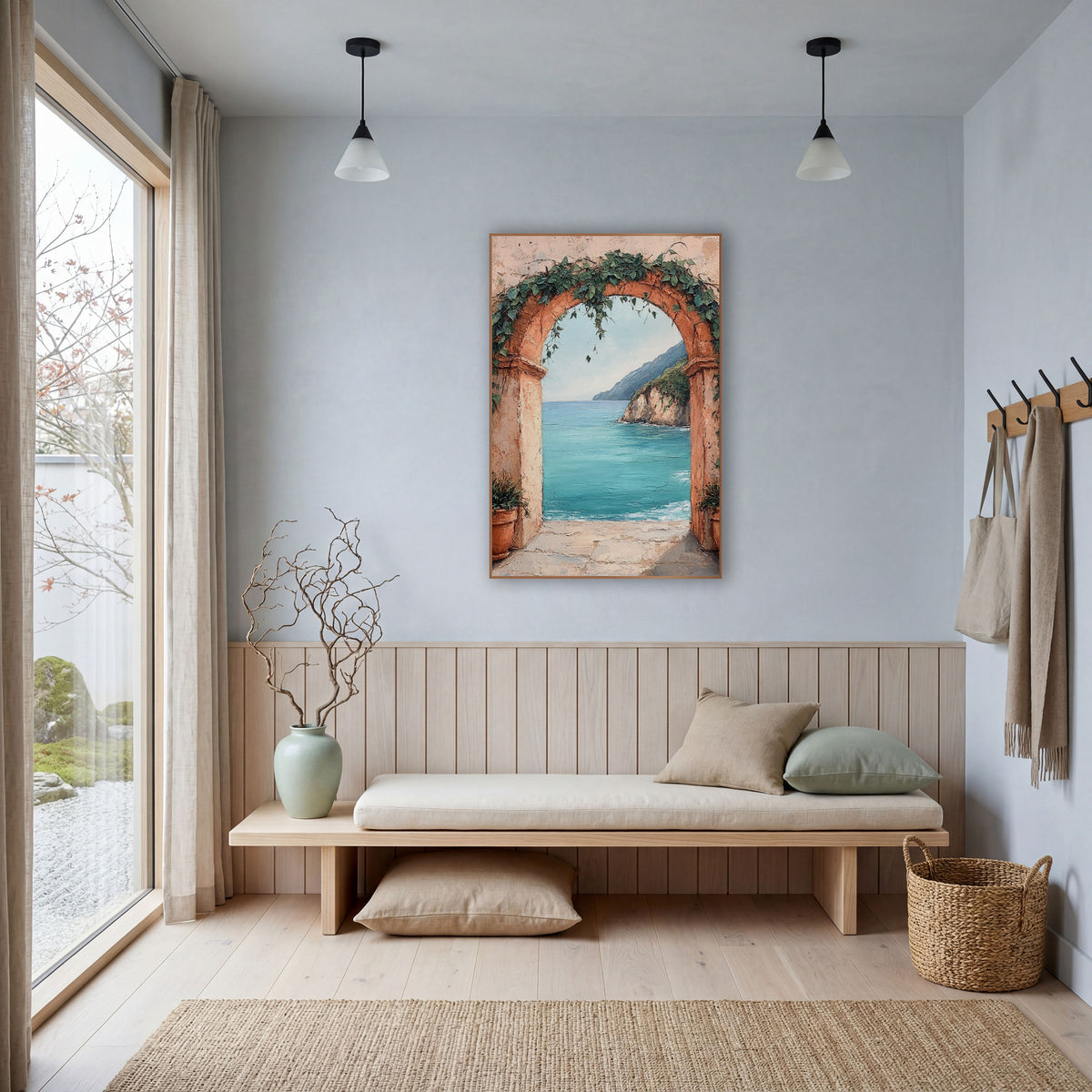 Ivy Terracotta Archway Turquoise Bay Coastal wall art in a bright coastal-style room – terracotta arch with green