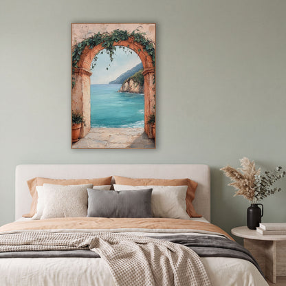 Ivy Terracotta Archway Turquoise Bay Coastal wall art in a bright coastal-style room – terracotta arch with green