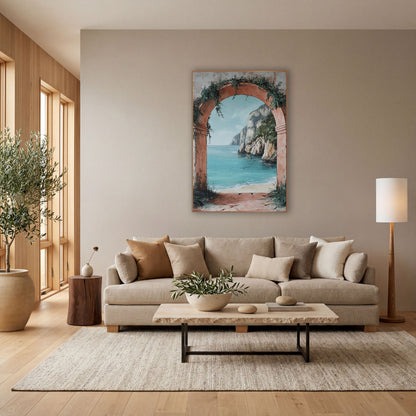 Blush Arch Limestone Bay Coastal wall art in a bright coastal-style room – terracotta arch with green vines framing