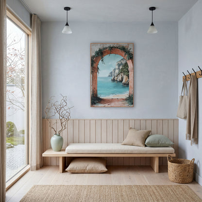 Blush Arch Limestone Bay Coastal wall art in a bright coastal-style room – terracotta arch with green vines framing